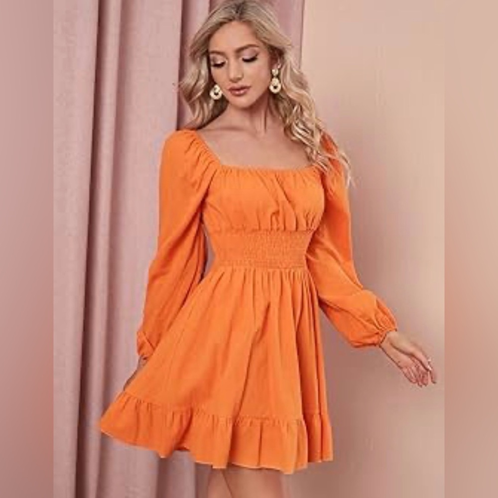 Venber  Womens Orange Tie Back Shirred Waist Ruffle Hem Dress New Size Large